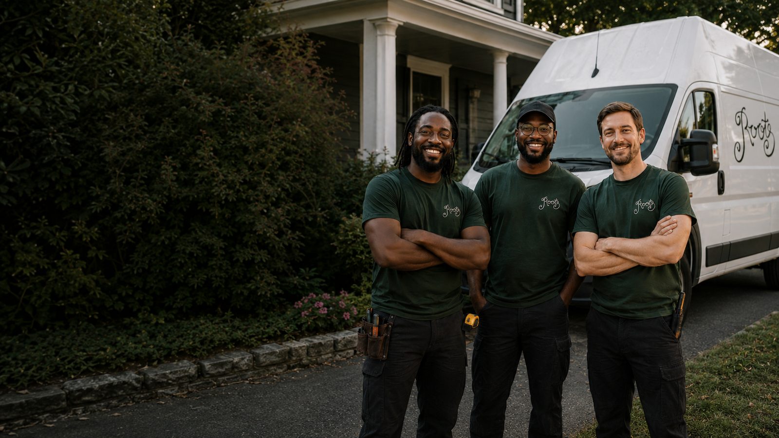 The Roots worker-owners standing together in front of their branded van outside a home.